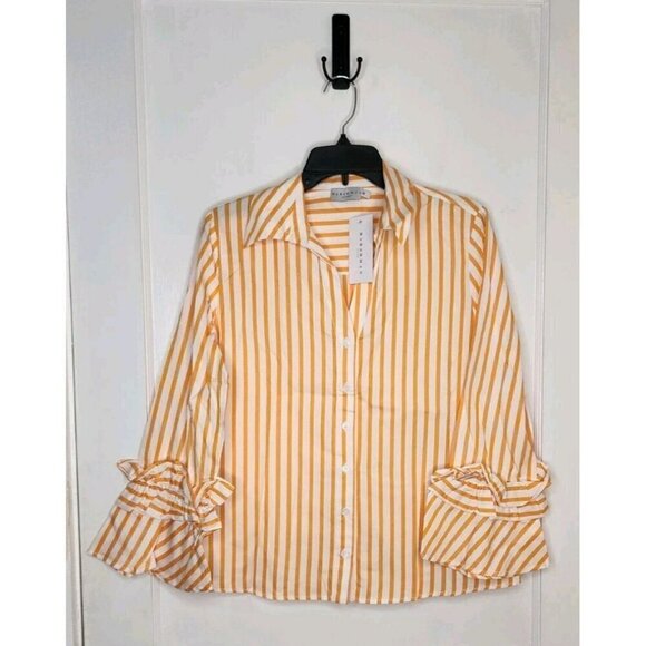 Harshman Tops - NWT Harshman Ruffle Sleeve Selina Button Down Blouse Marigold Stripes Sz Medium